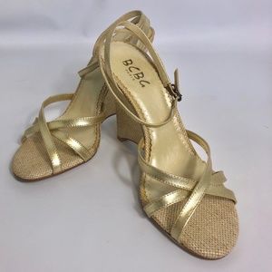 BCBG Gold Wedge Summer Heels Size 7